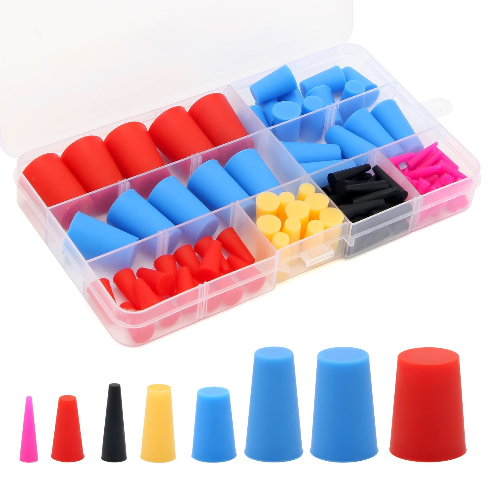 110PCS Silicone Rubber Tapered Plug, Pink, Black, Red, Yellow, Blue