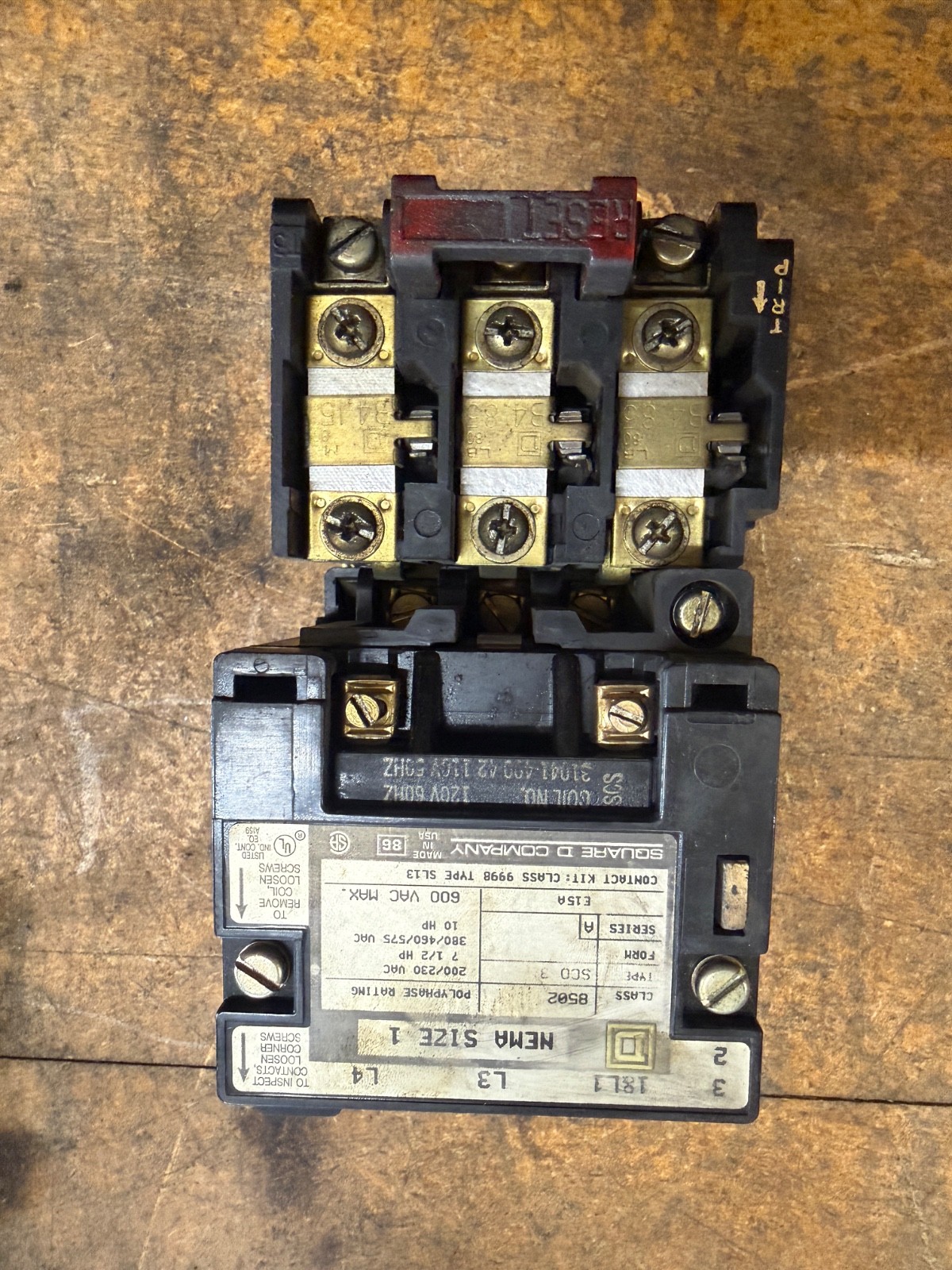 SQUARE D Class 8502 TYPE SCO 3, SERIES A SIZE 1 600V 3-POLE TYPE SL13 (TESTED)