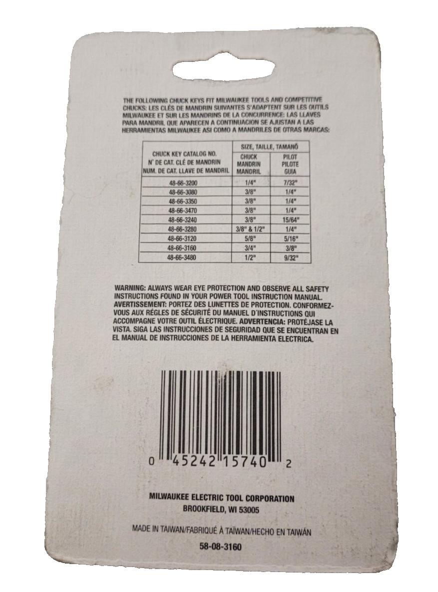 Milwaukee 48-66-3160 K4 Jacobs Chuck Key F/ 36, 16, 37KD, 37PD, 18N 3/8 PILOT