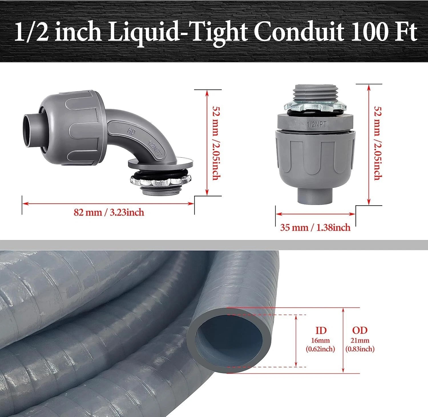 Durable 1/2-Inch Liquid-Tight Conduit Kit 100ft – Outdoor & Direct Burial Ready