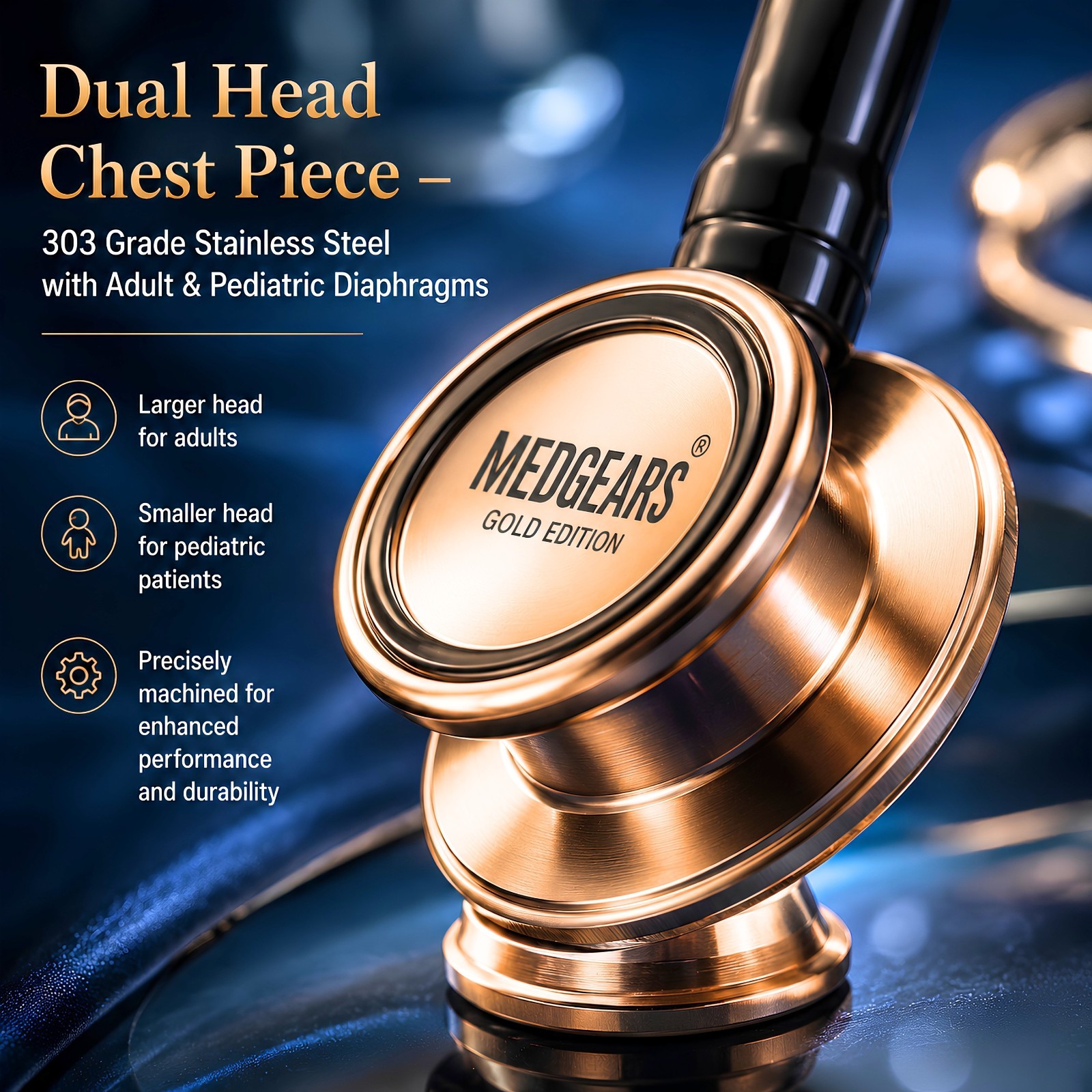MEDGEARS Gold Edition Dual Head Stethoscope Adult Pediatric Rose Gold SS