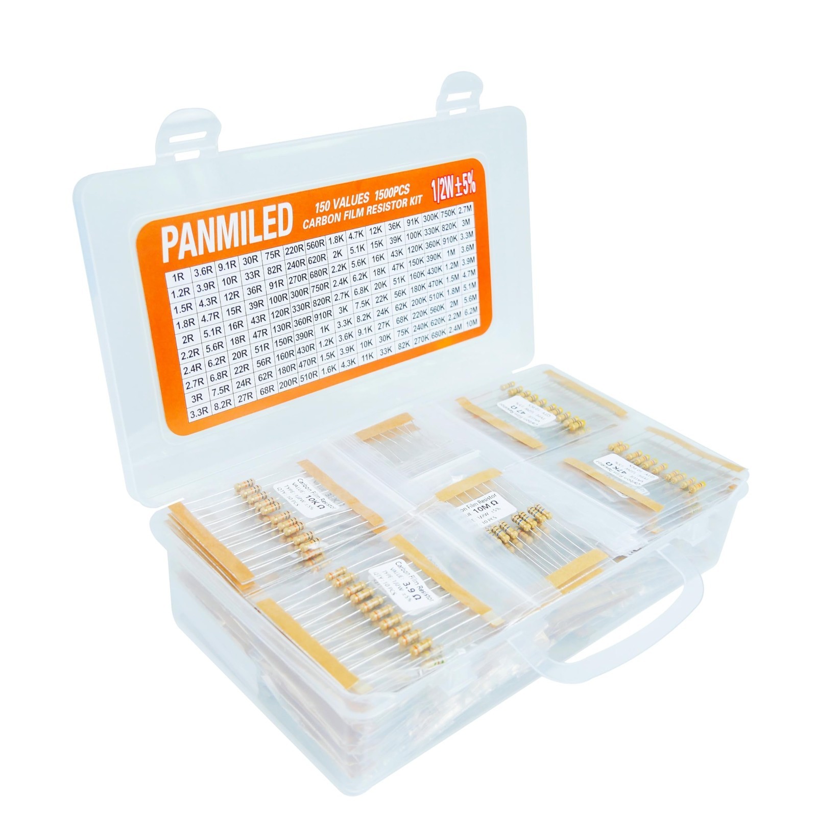 1500-Piece Carbon Film Resistor Kit 1Ω-10MΩ 0.5W 5% Assortment for Electronics