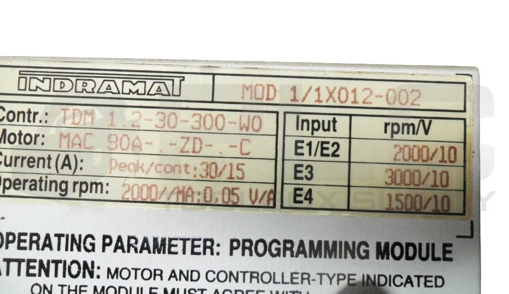 INDRAMAT MOD 1/1X012-002 PROGRAMMING MODULE 2000RPM 90A TDM 1.2-30-300-W0