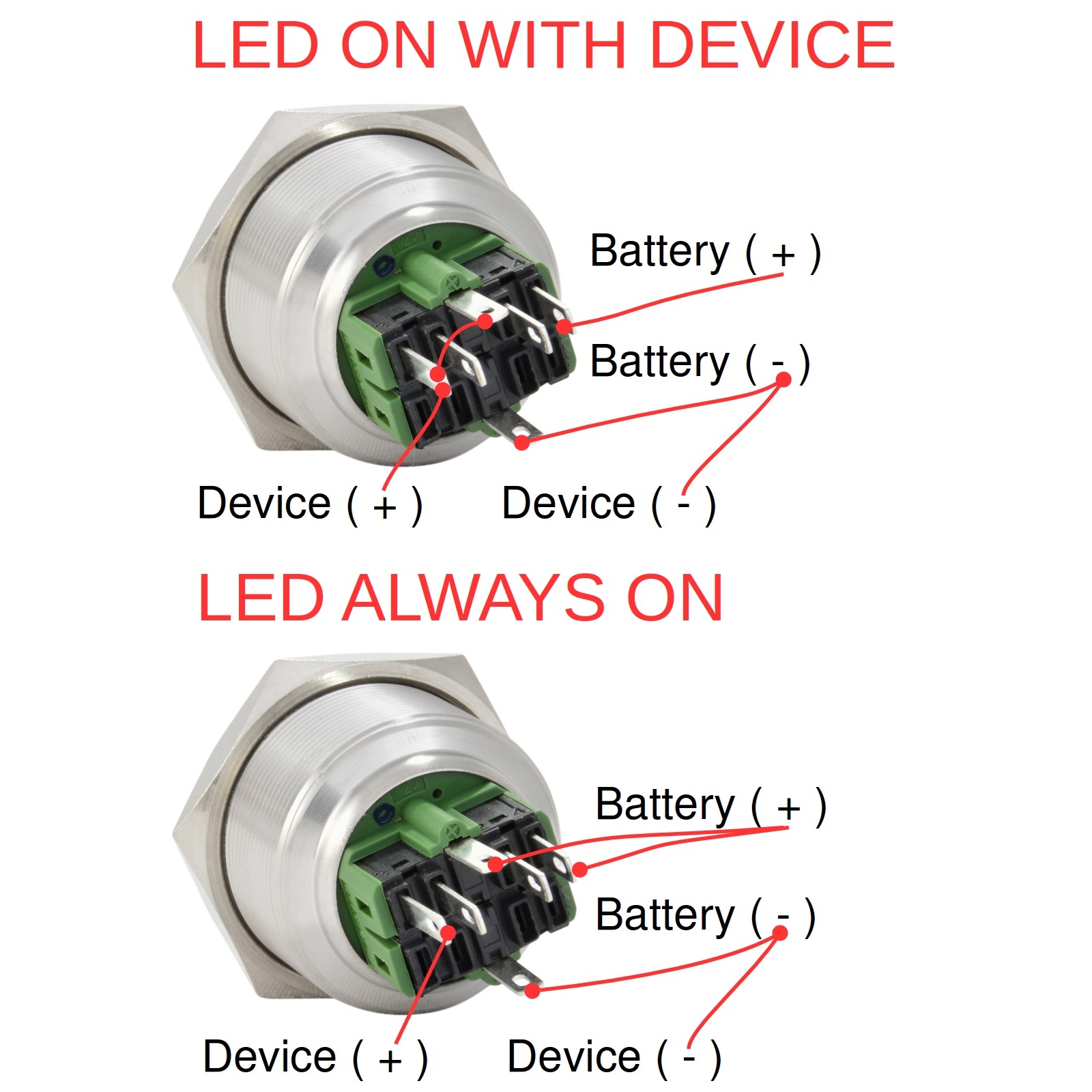 30mm Latching Push Button Power Switch Stainless Steel w/ Green LED Waterproof