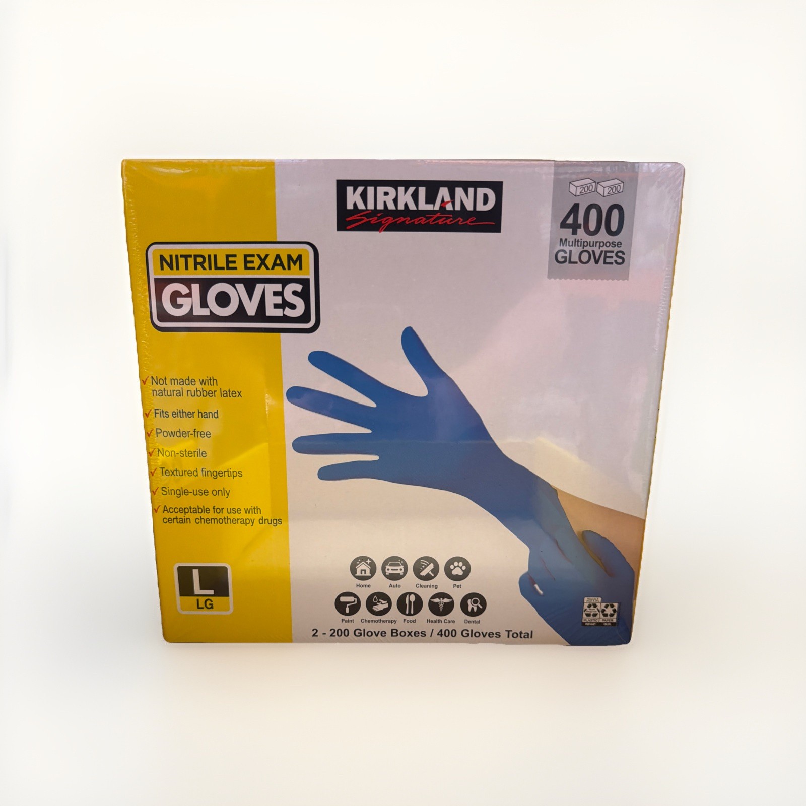Kirkland Signature Nitrile Exam Multipurpose Gloves, Large – 400,( Count 2-200)