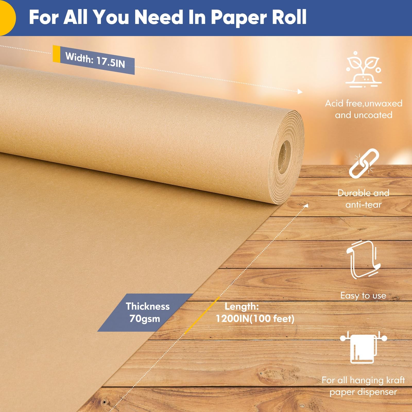 Wrapping Paper Roll Brown Craft Kraft 17.5″x1200″ (100′) 70GSM 50LB