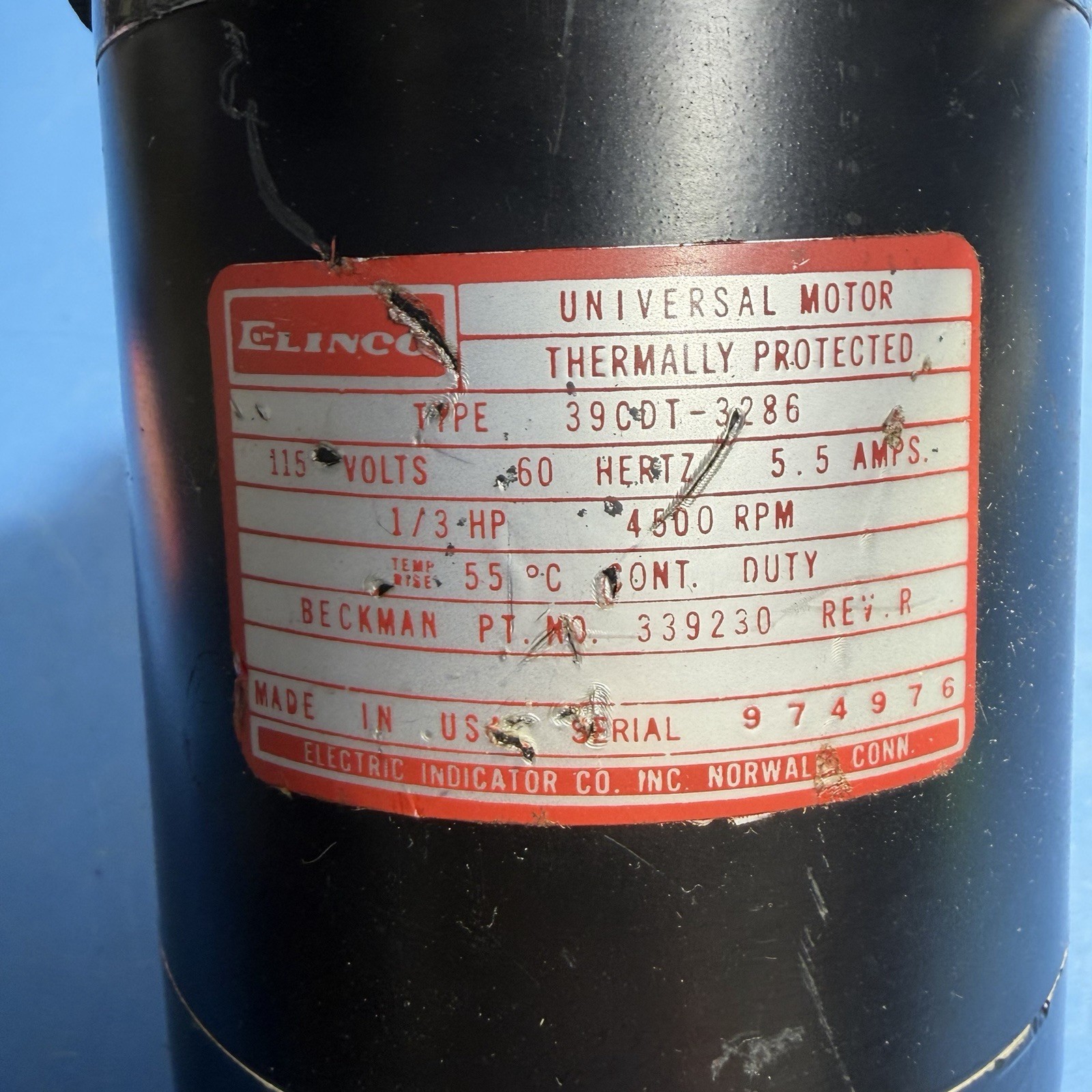 CLINCO 1/3 HP Universal Motor 115V 4500 RPM 5.5A Thermally Protected. Read