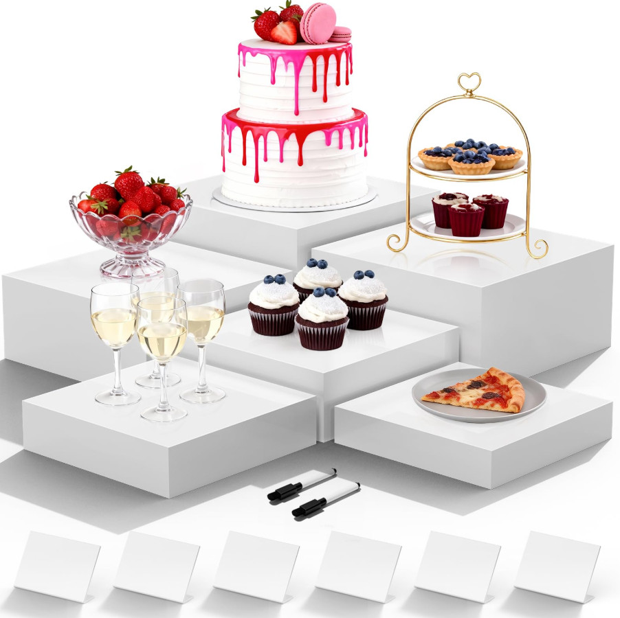 6 Pcs White Acrylic Buffet Risers With Mini Sign And Maker, Food Display Stands