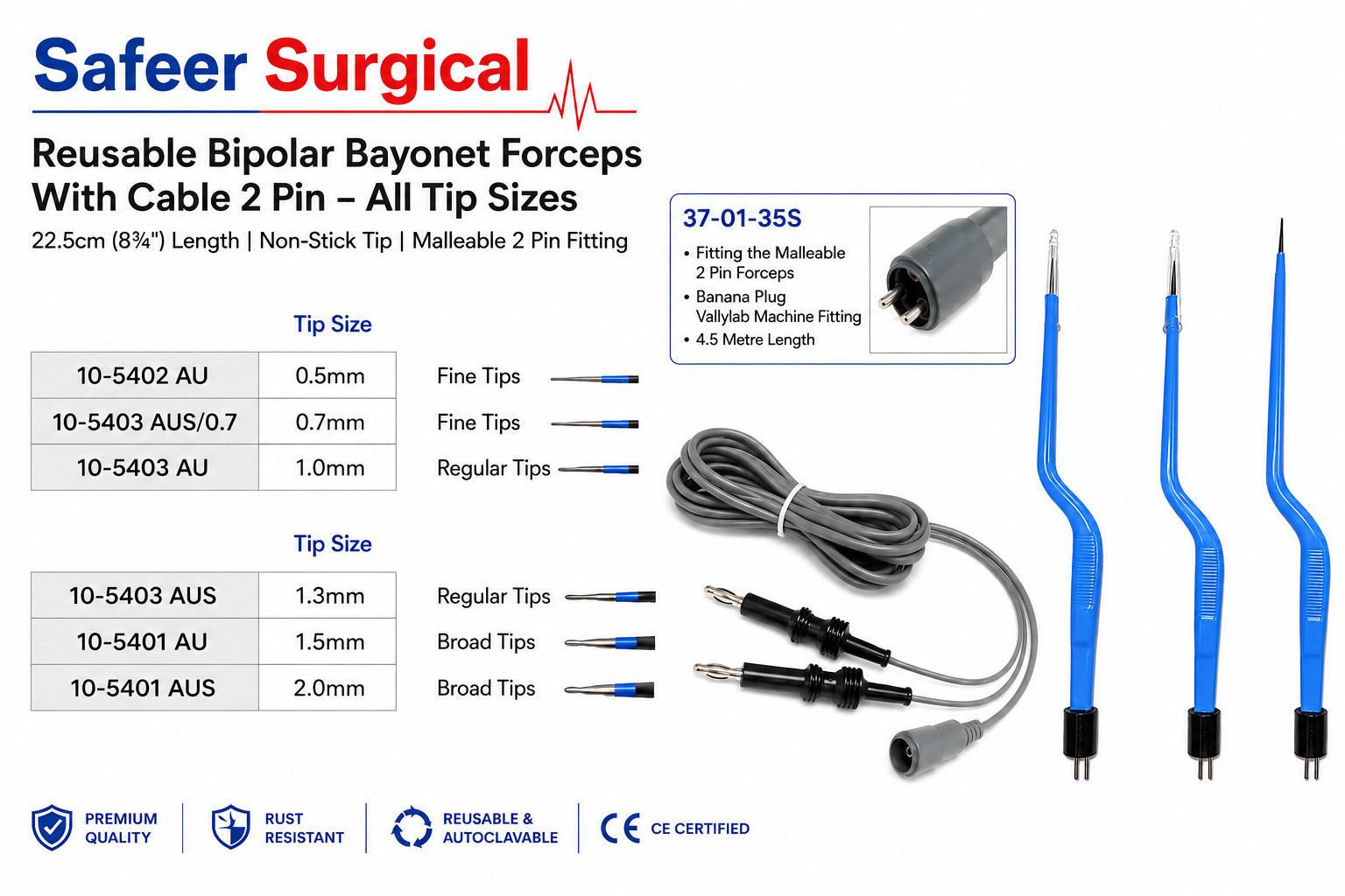 Reusable Bipolar Bayonet Forceps 2Pin Cable Non Stick Malleable 22.5cm 0.5-2.0mm