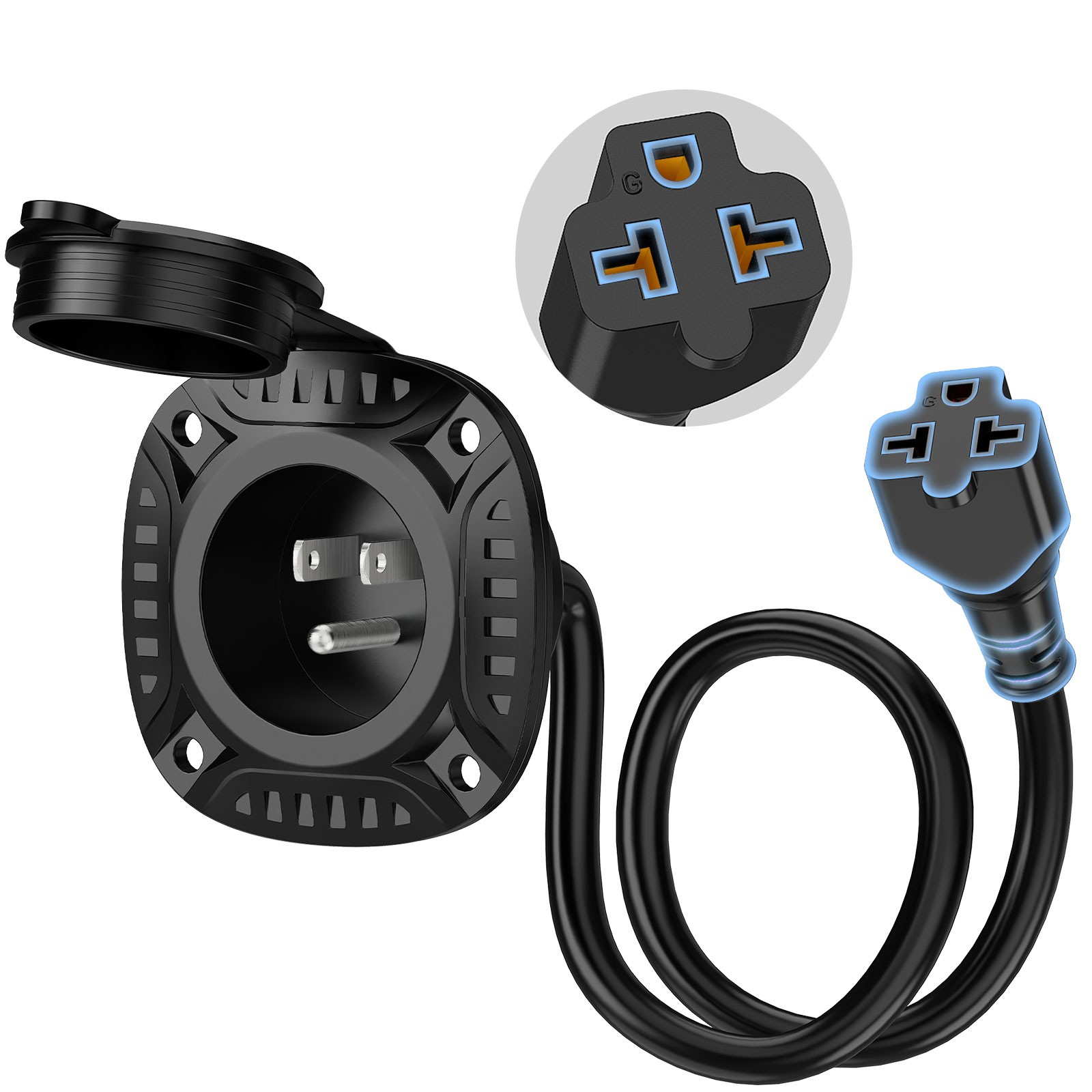 5-in-1 AC Port Plug, 20 Amp 125V RV Shore Power Inlet Plug with T-Blade Adapter