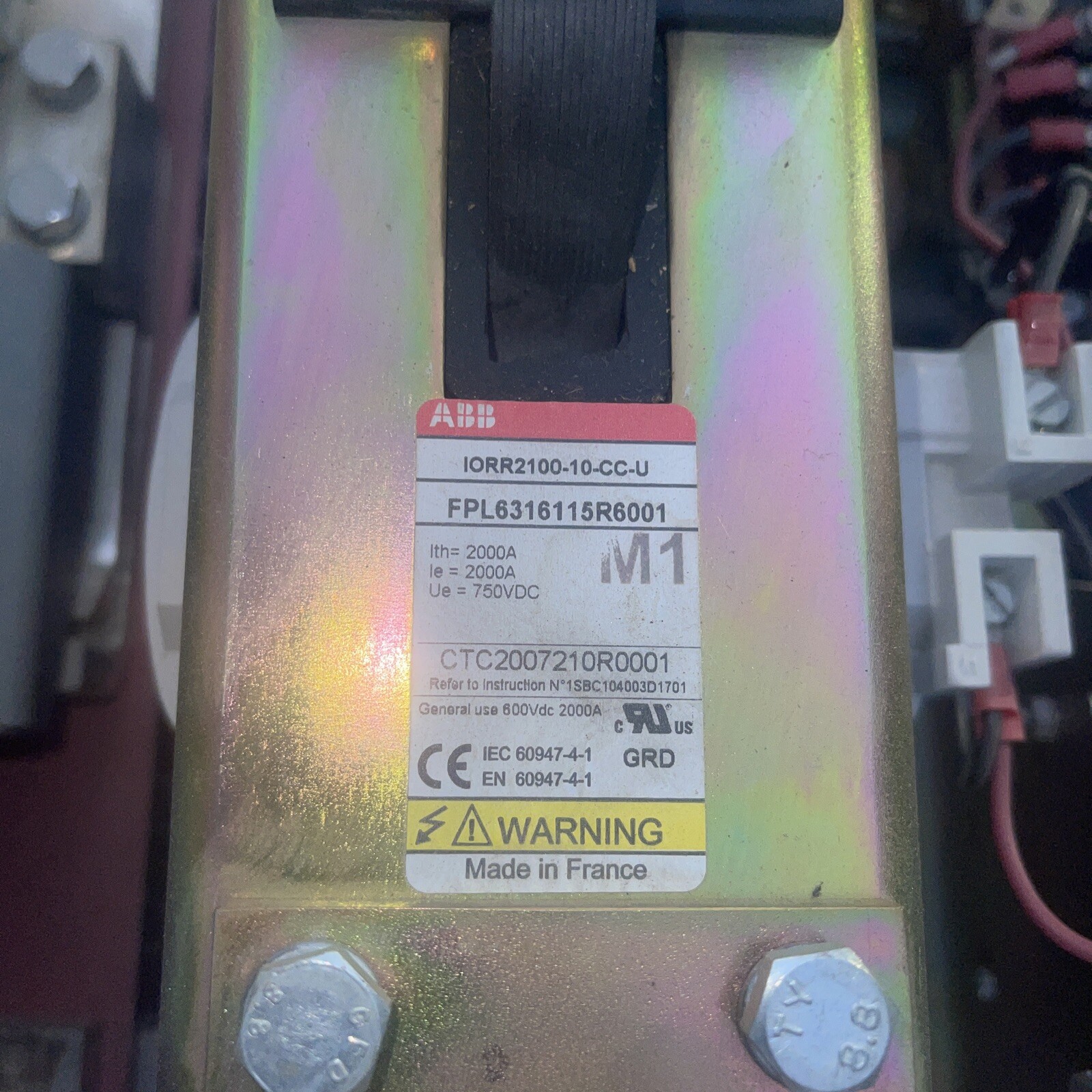 ABB IORR2100-10-CC-u Bar Contactor FPL6316115r6001 750v Coil 2000 Amps