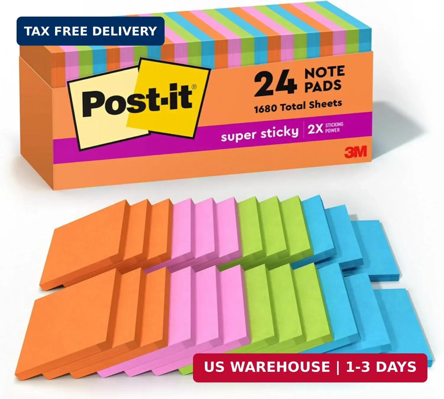 Post-it Super Sticky Notes, 3 x 3 in, Neon Fizz, 24 Pads, 70 Sheets/Pad | School