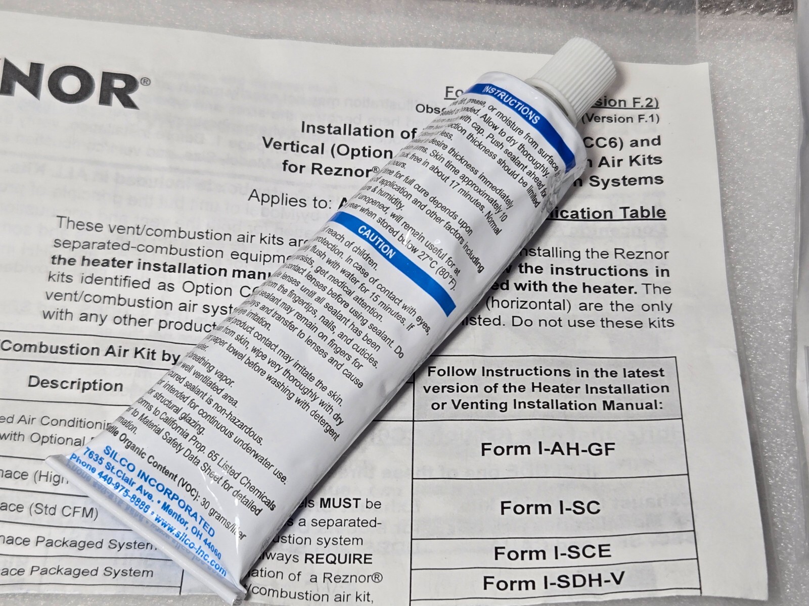 3 SILCO RTV 4500 High Strength Silicone Sealant NSF Grade, for REZNOR HVAC Vents