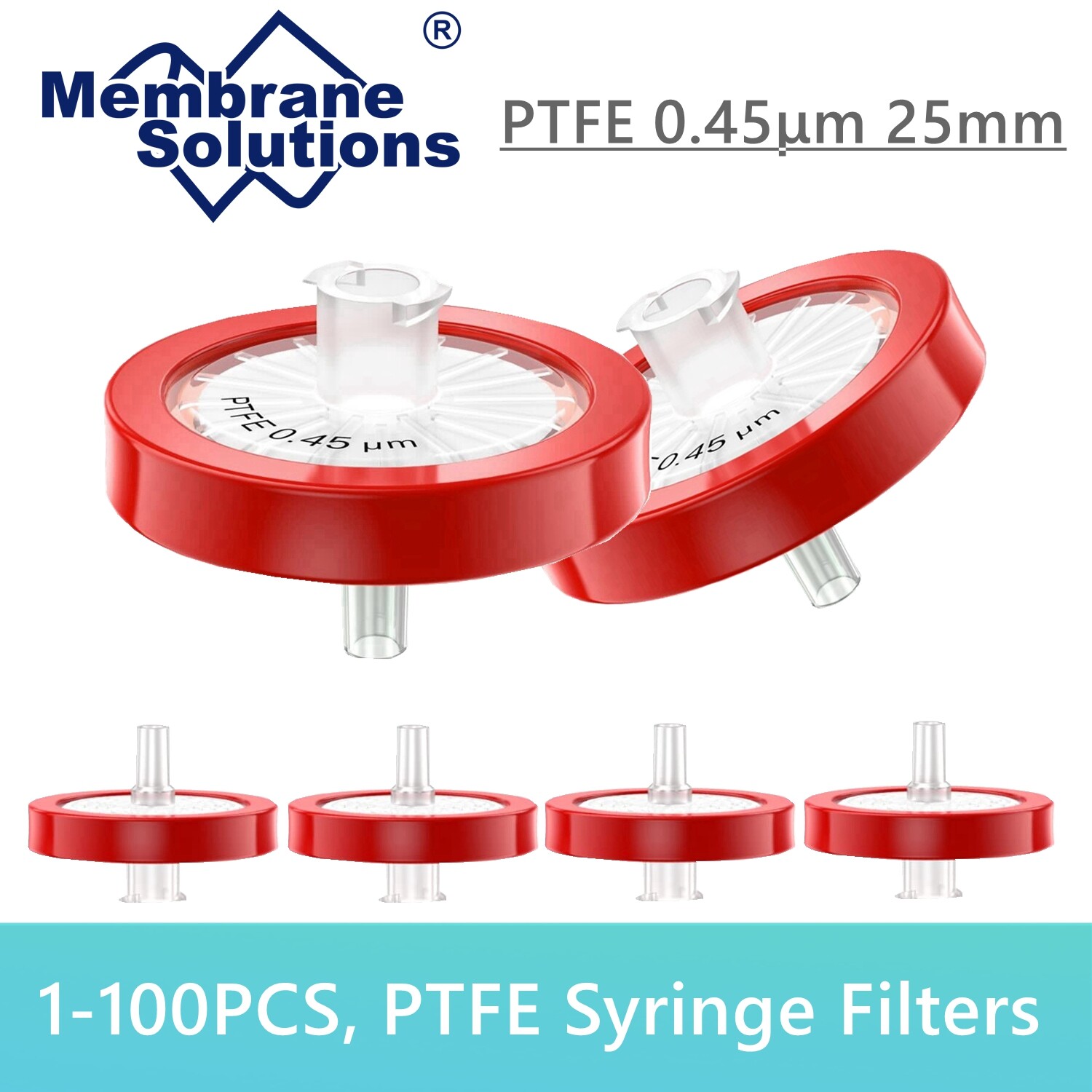 100pcs Lab PTFE Syringe Filter 0.45μm 25mm PP Prefilter Hydrophobic Non Sterile