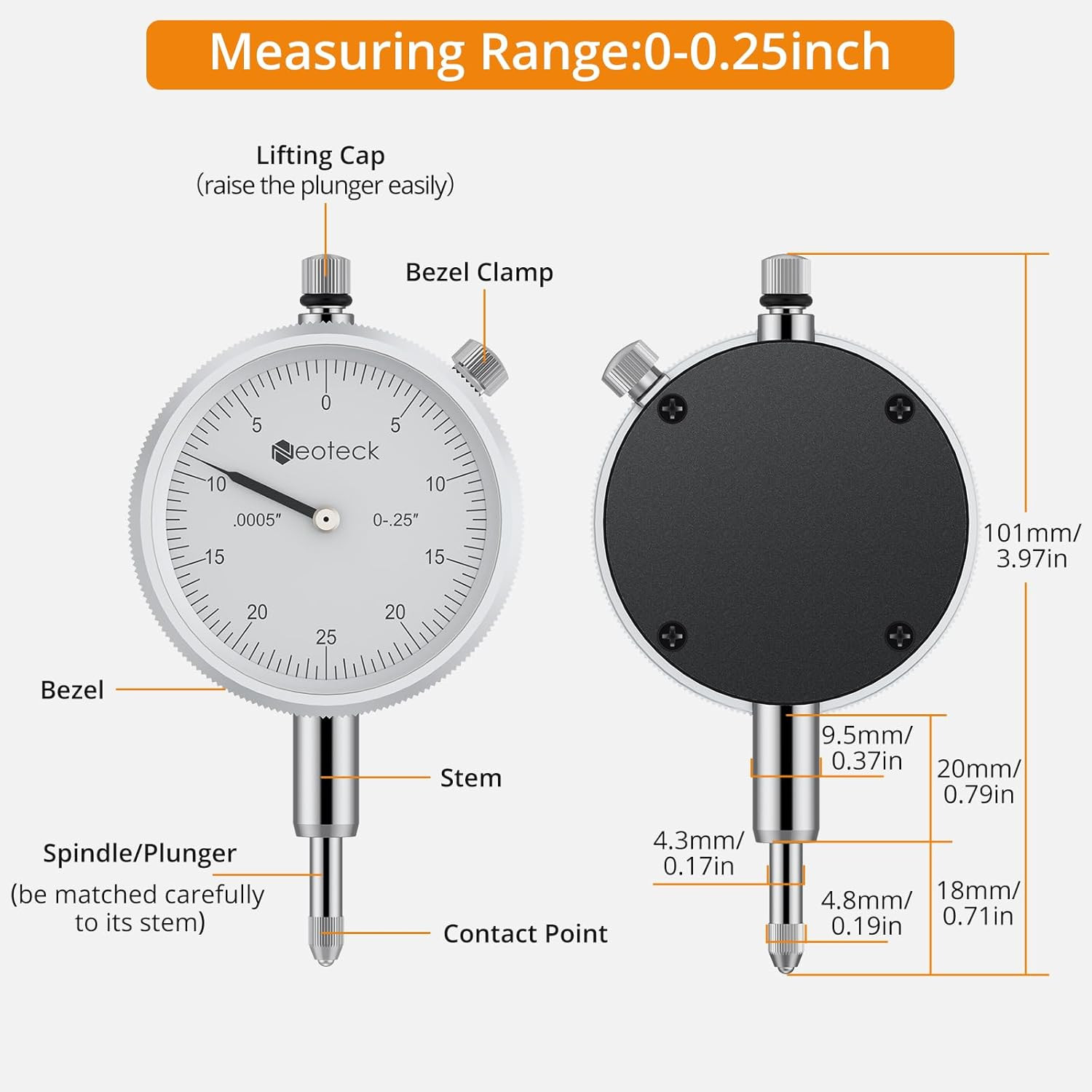 Dial Bore Gauge with 0.7″-6″/0.0005″ Measuring Range and 6″ Measuring Depth Dial