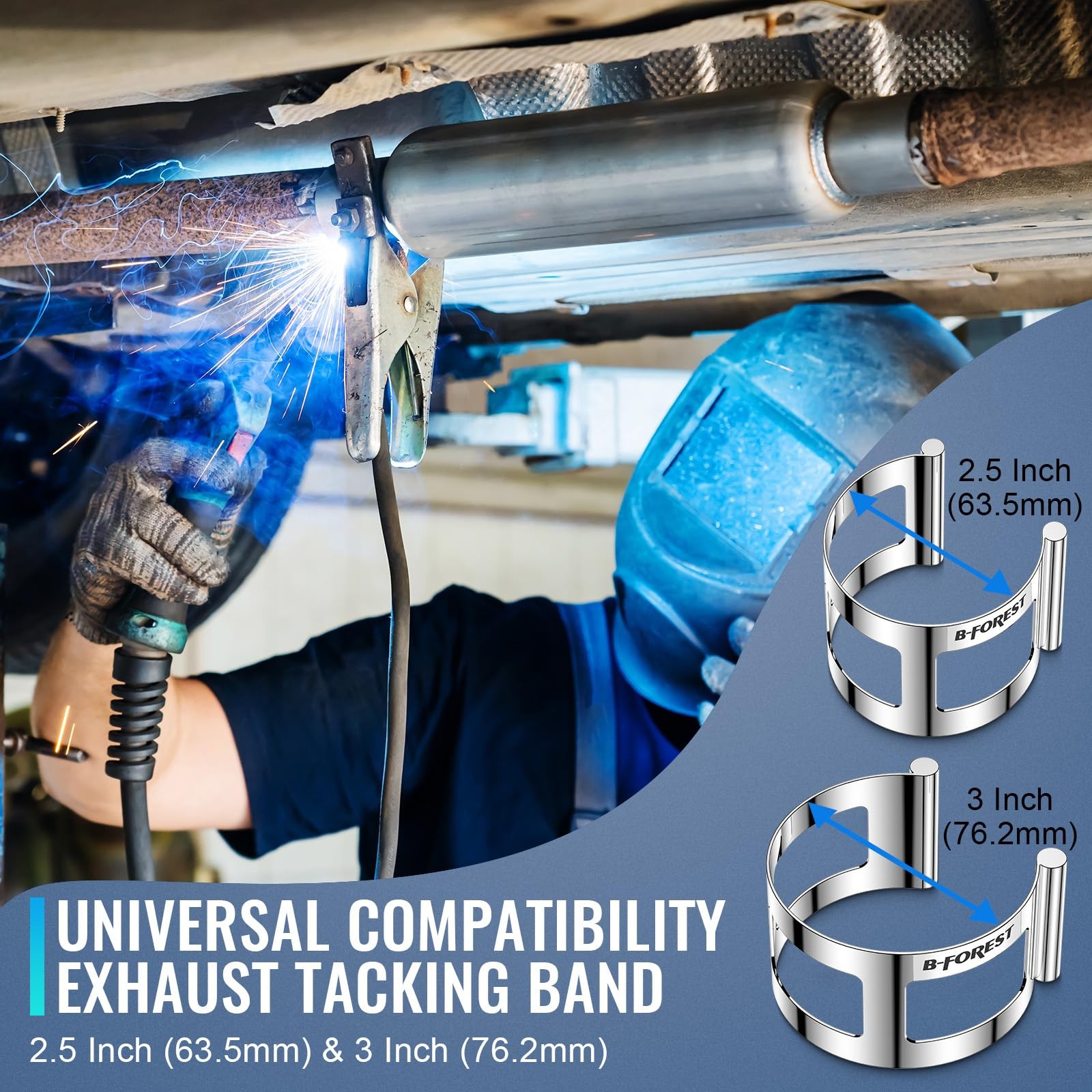 Exhaust Tacking Band Clamp-On Set, 2.5-Inch and 3-Inch, Silver Color