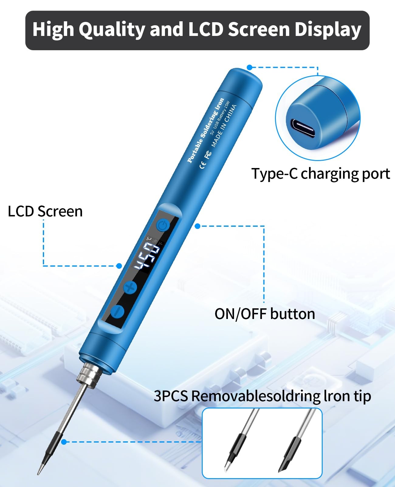 Cordless Soldering Iron Kit – 1100mAh USB Rechargeable Portable Blue