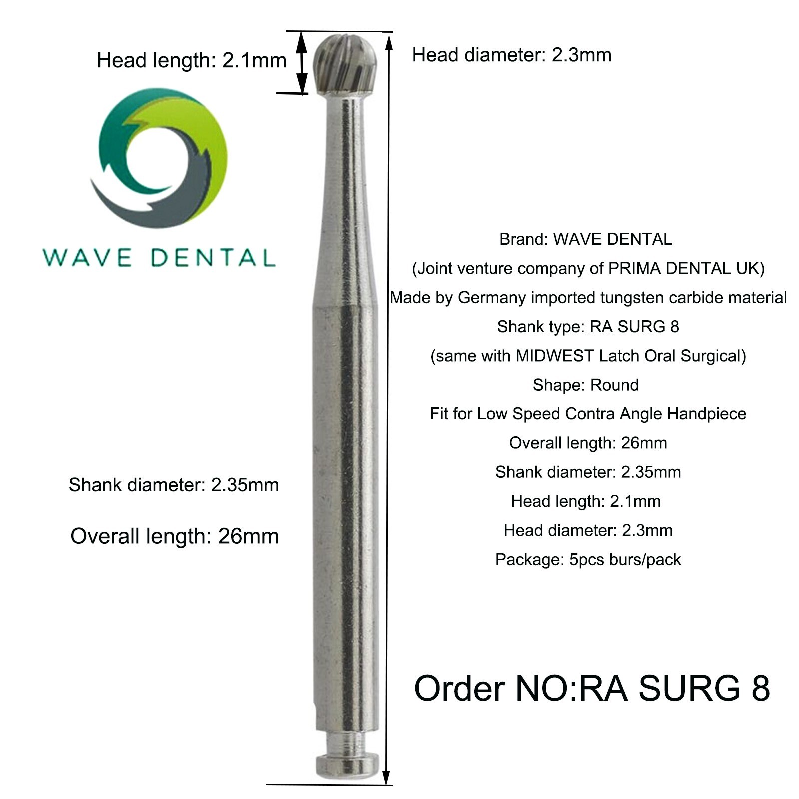 Wave Dental Burs Carbide Surgical Round Latch 26/34mm RA Slow Speed Contra Angle