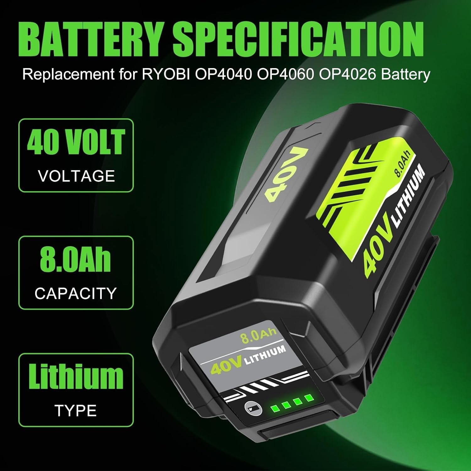 2 Pack 8.0Ah Battery 40 Volt for Ryobi 40V Lithium Ion OP40602 Battery with LED