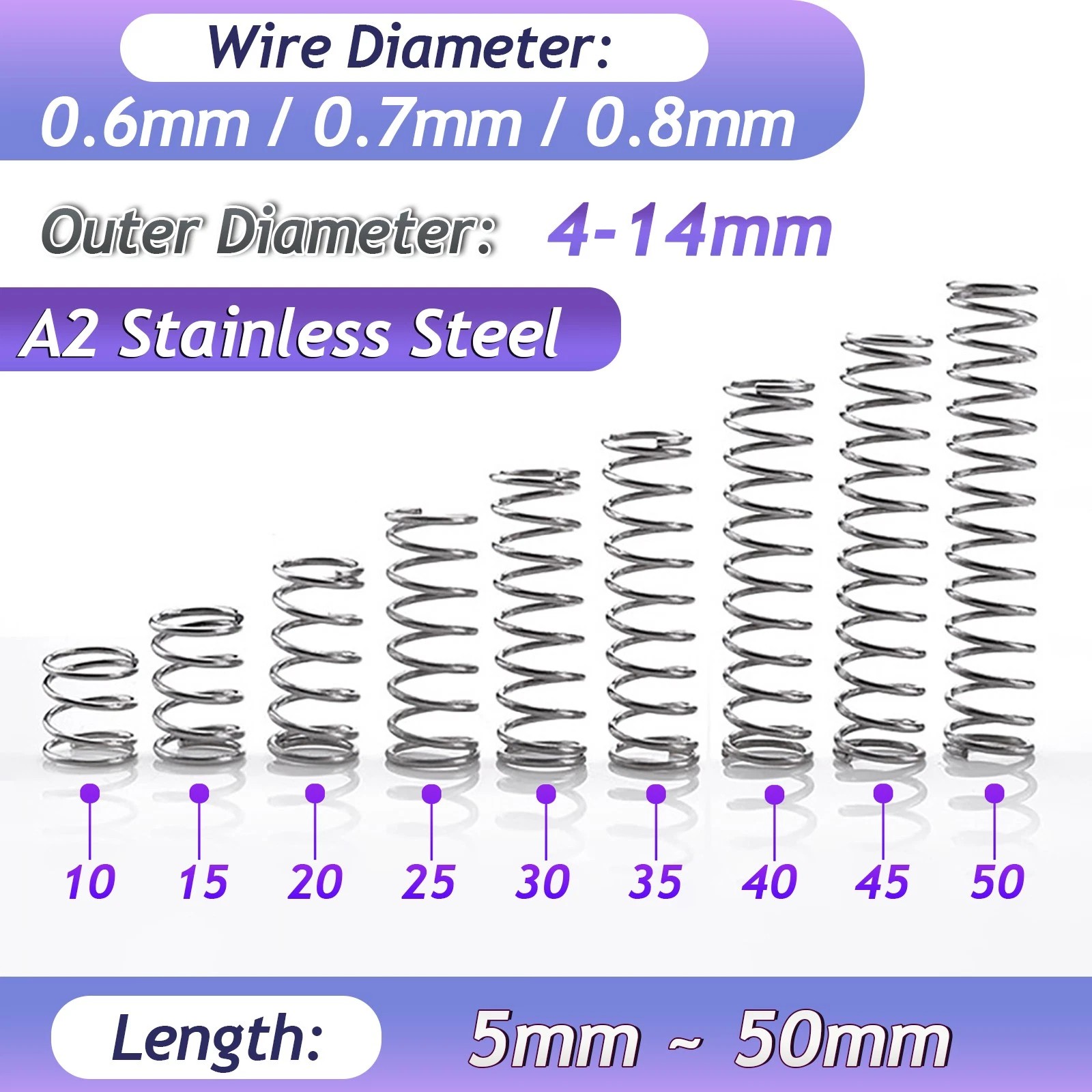 10x 0.6/0.7/0.8mm Wire Dia Stainless Steel 304 Compression Pressure Small Spring