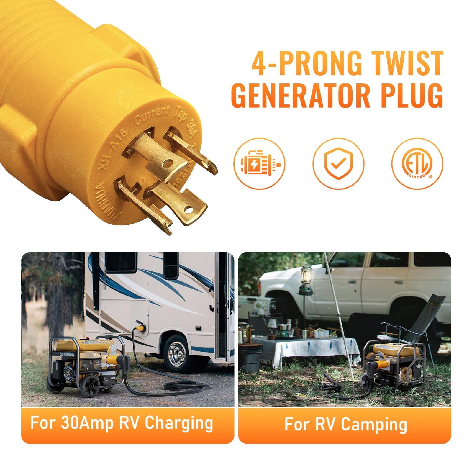 L14-30P to TT-30R 30 Amp RV Generator Adapter, 4 Prong 30A L14-30P Locking Male