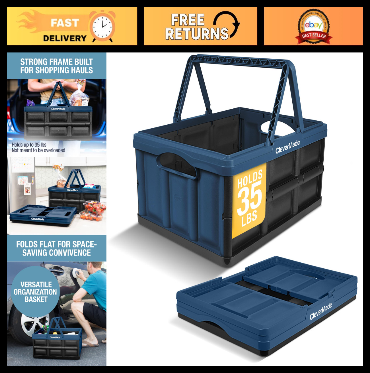 Collapsible Shopping Basket 32L Storage Crate – Durable Grocery Carrier, 35 lb C