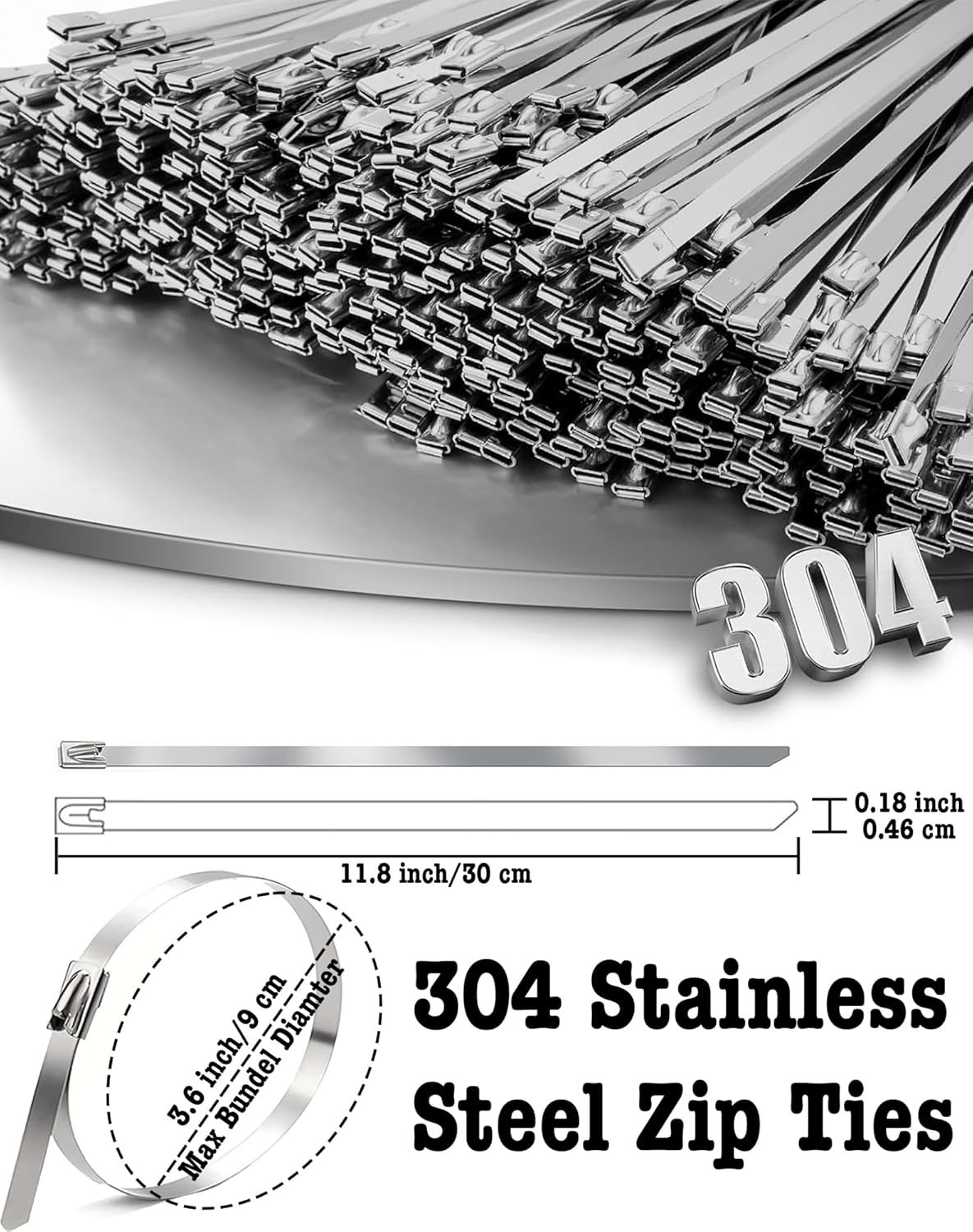 50Pcs Metal Zip Ties 11.8 Inch 304 Stainless Steel Zip Ties, Heavy Duty Multi-Pu