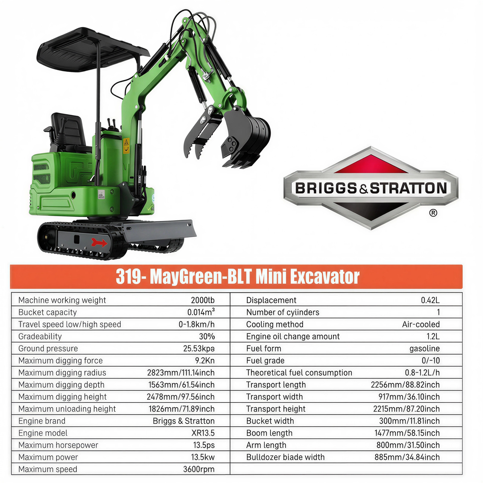 Free Ship Mini Excavator 1 Ton Digger 13.5hp Gas Tracked Crawler B&S EPA Engine