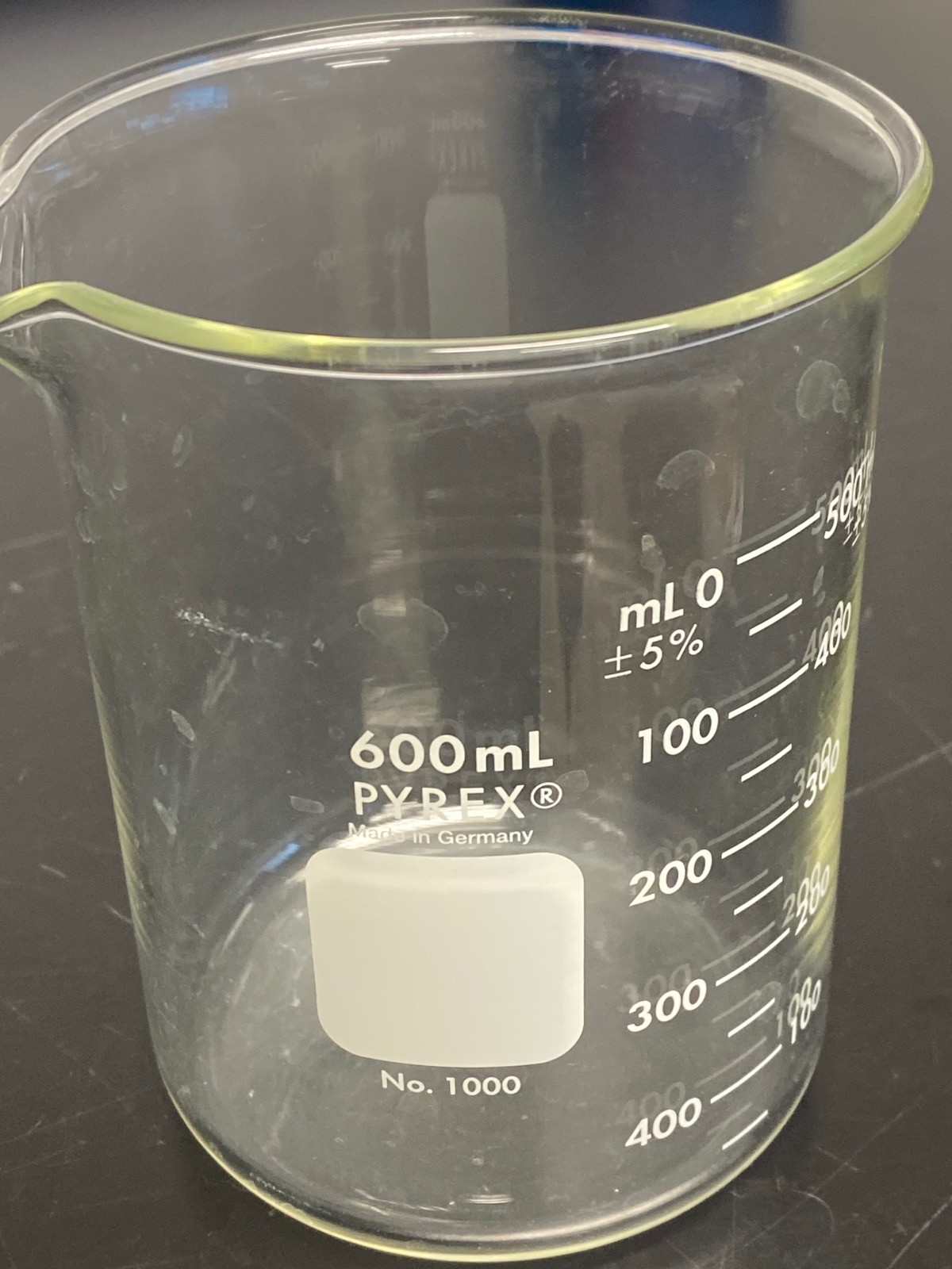 CORNING PYREX Glass 600mL Low Form Dual Scale Graduated Griffin Beaker 1000-600