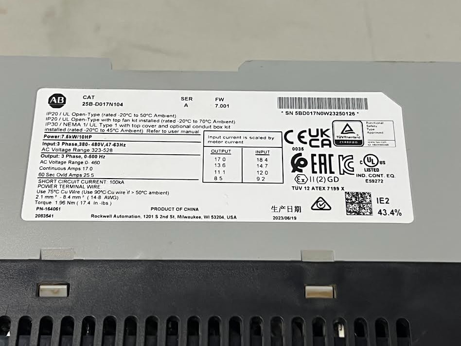 Allen Bradley 25B-D017N104 PowerFlex 525 7.5kW (10Hp) AC Drive no cover New