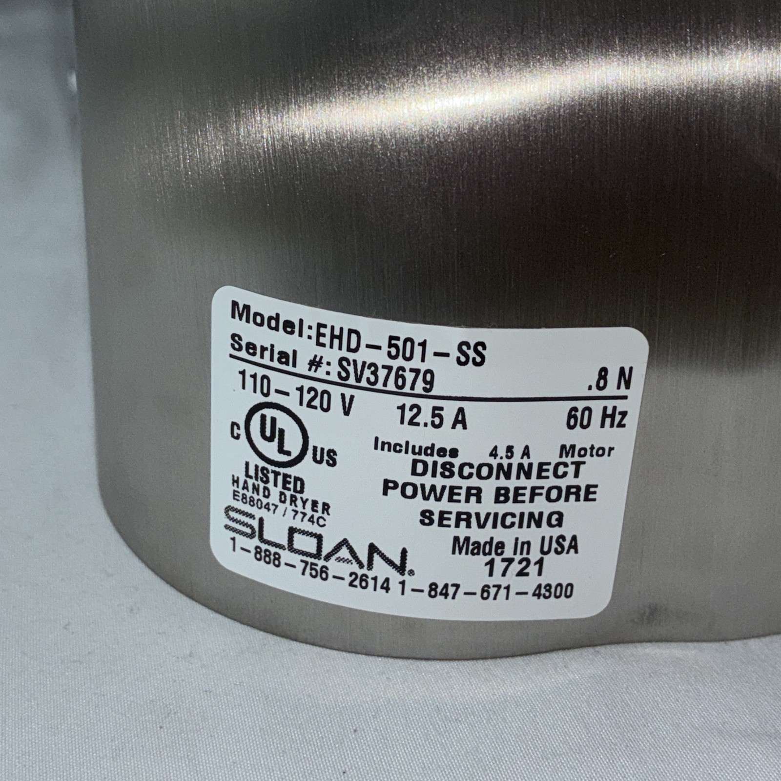 SLOAN XLERATOR MODEL EHD-501-SS WALL MOUNTED Automatic Hand Dryer