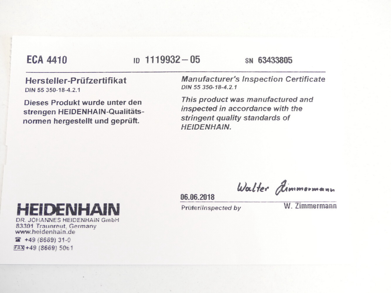Heidenhain Postcard ECA 4410… 254.93 ID. No. 1119932-05 SN:63433805 – Unused! –