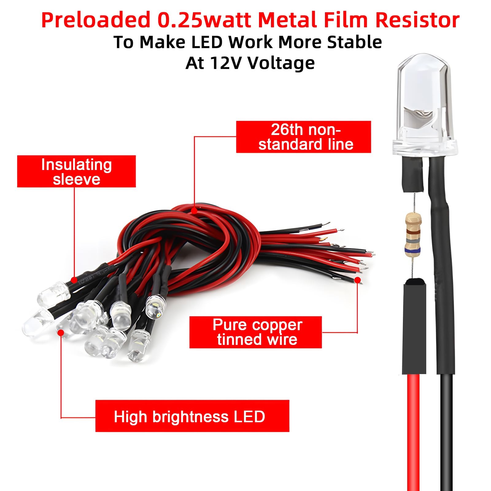 120pcs 12v Led Diode Lights 5mm,Pre Wired Led Light Emitting Diodes Kit White…