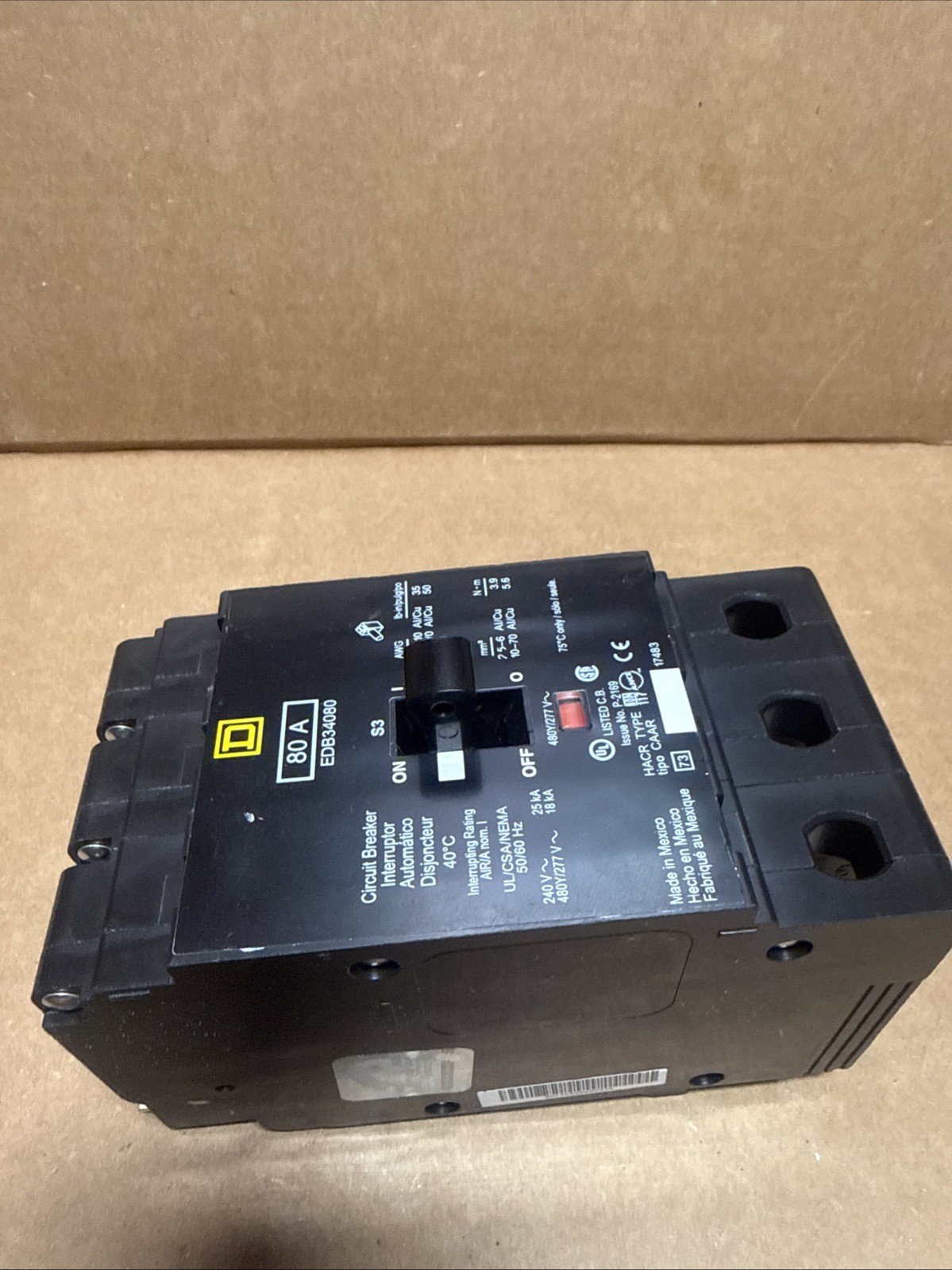 Square D EDB34080 Circuit Breaker 80A 3P 480V 3PH EDB 80 Amp 3 Pole New no box