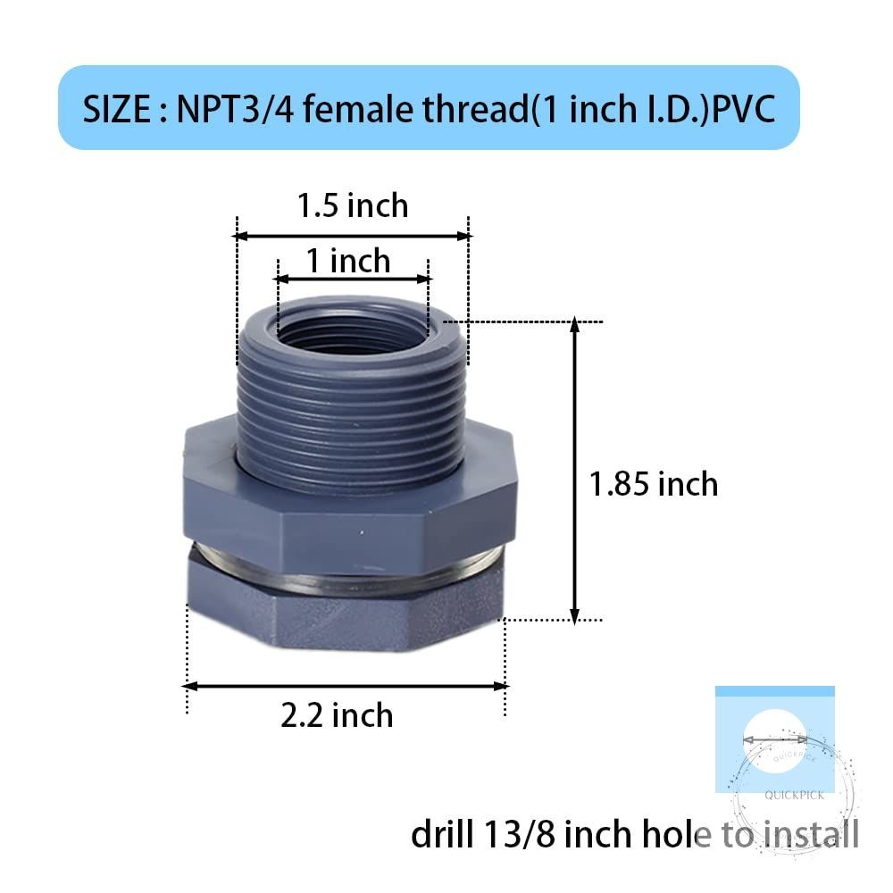 2 Pieces 3/4 Inch PVC Bulkhead Fitting for Water Barrel, Water Tank Rain Barrels