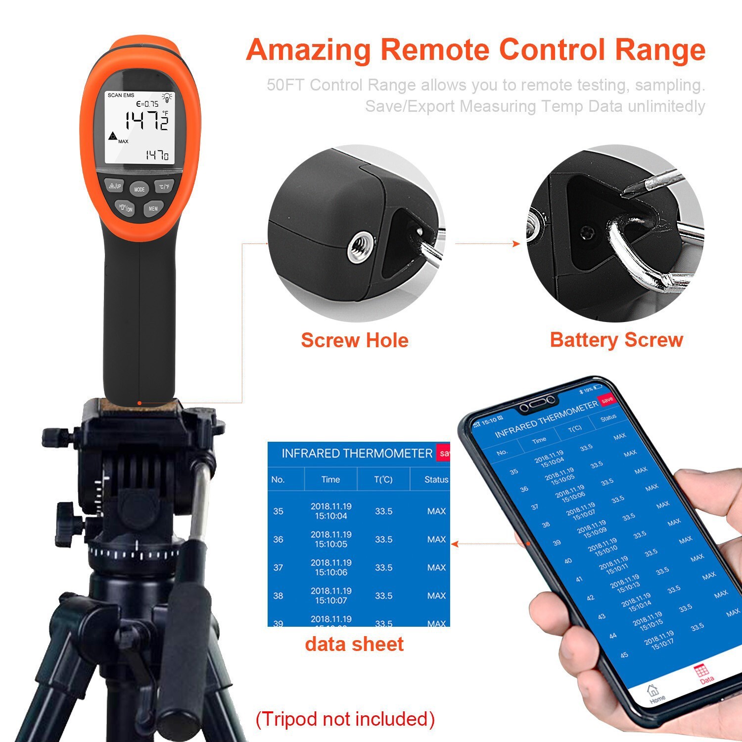 Laser IR Thermometer Non-Contact 16:1 Adjustable Emissivity MAX/MIN/AVG