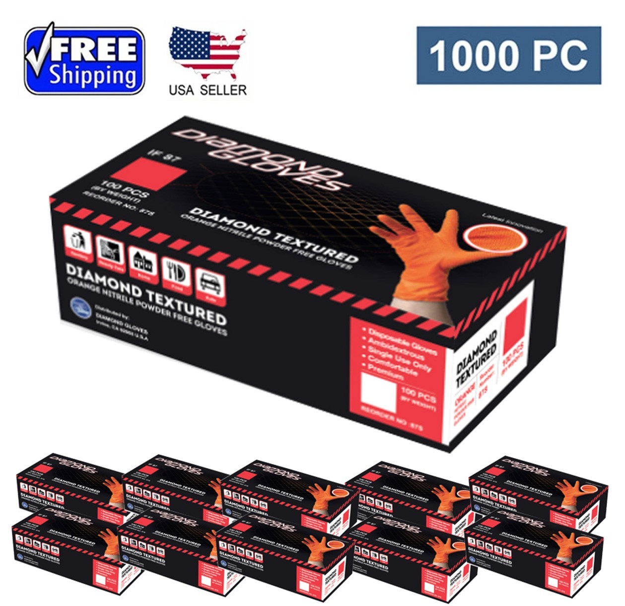 8 Mil Orange Heavy Duty Nitrile Diamond Textured Gloves Case 1000 PCS – S M L XL
