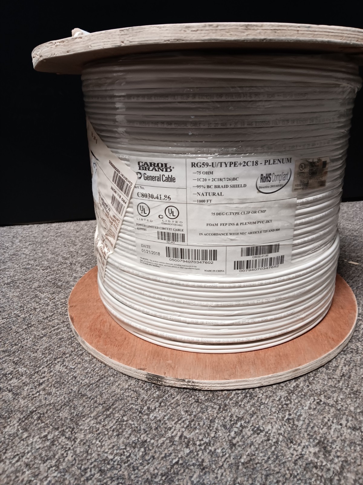 Carol brand General cable RG59-U/TYPE+2c18- Plenum 1000ft