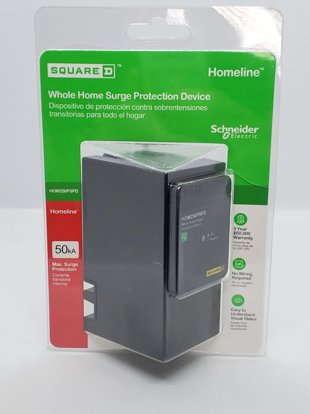 SQD – HOM250PSPD 50kA Rated Whole Home Surge Protector. No Wiring Required