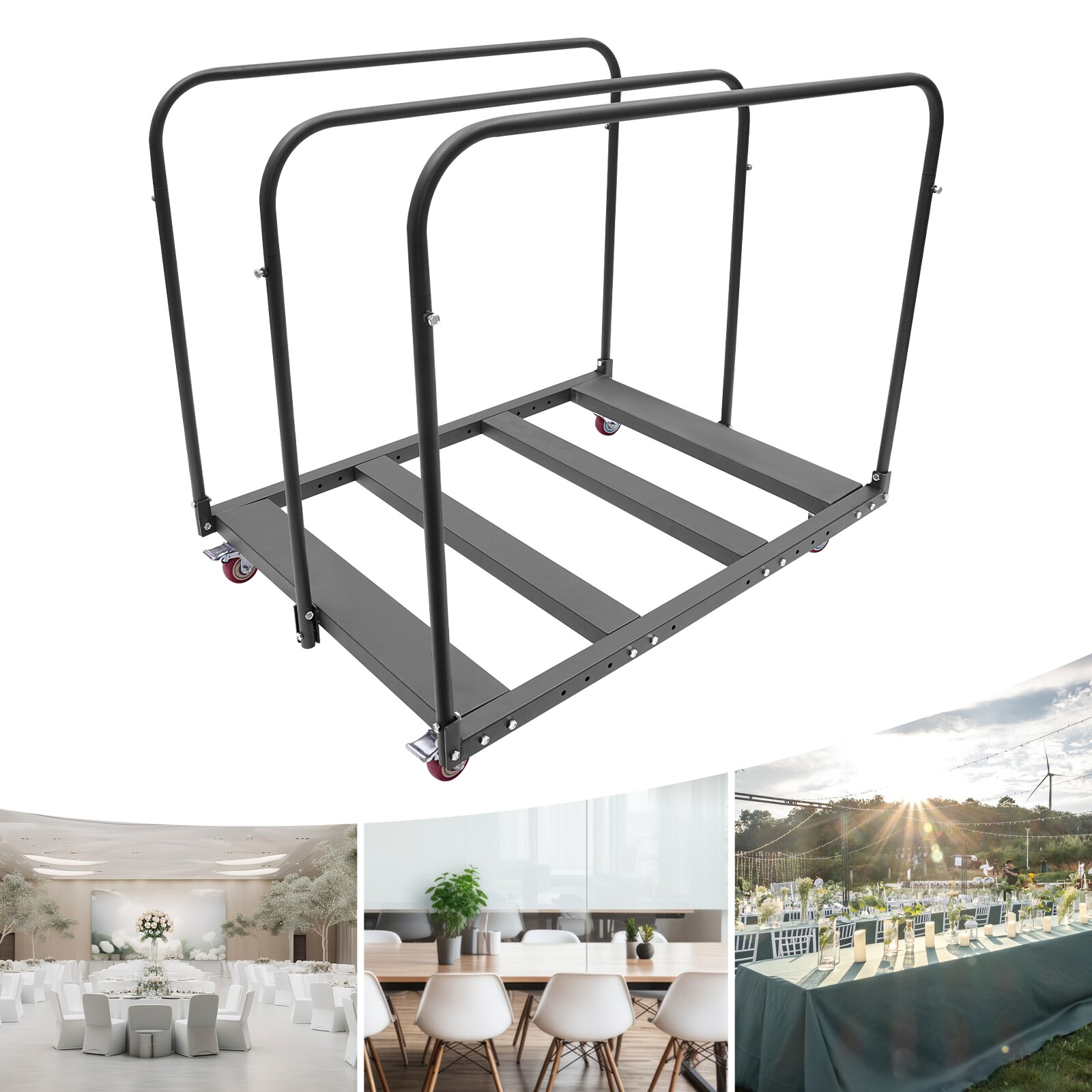 Folding Table Cart Q235 Steel 10-Table Trolley with Wheels & Handle Black
