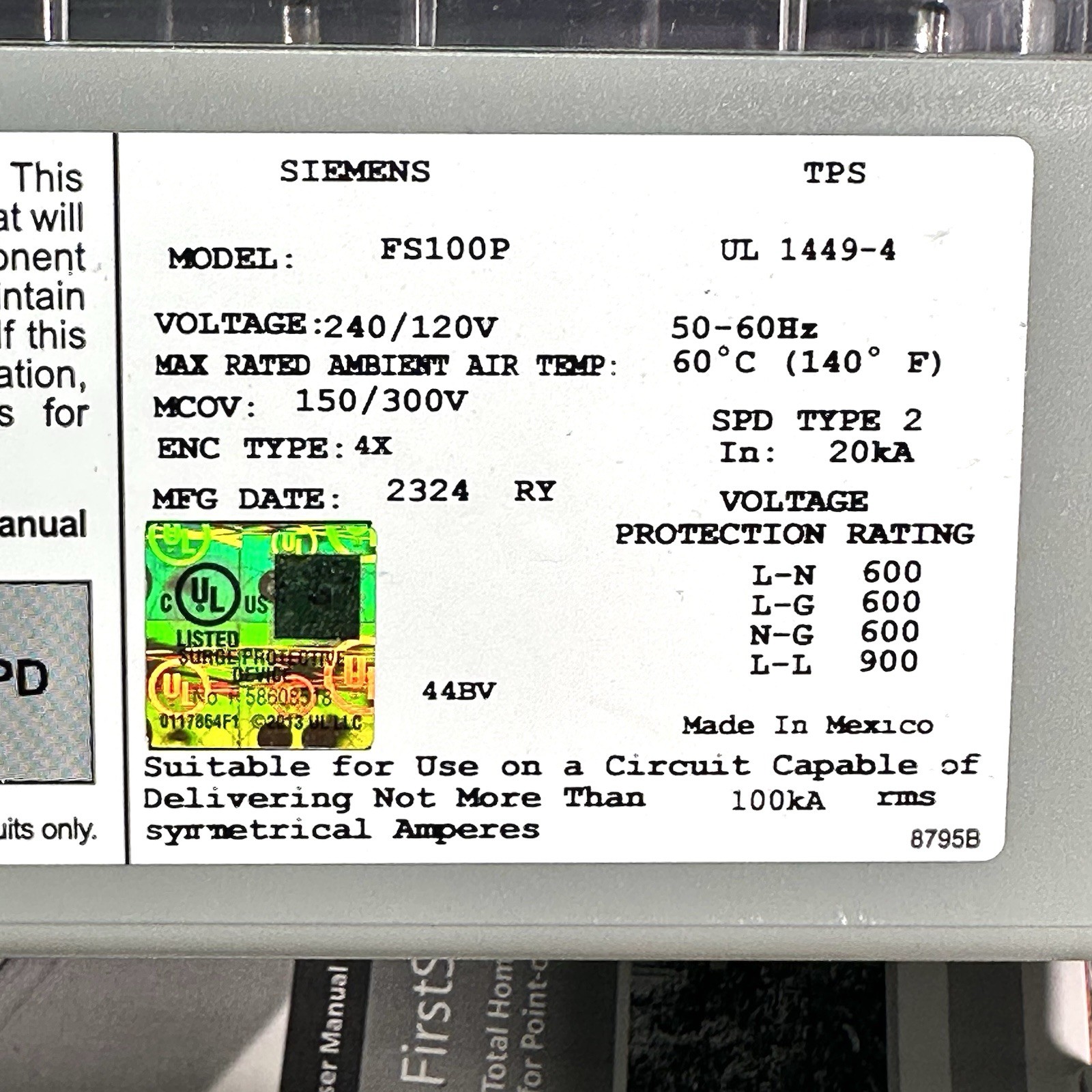 SIEMENS FirstSurge Plus FS100 FS100P Whole Home Surge Protector 100k Amps NEW!