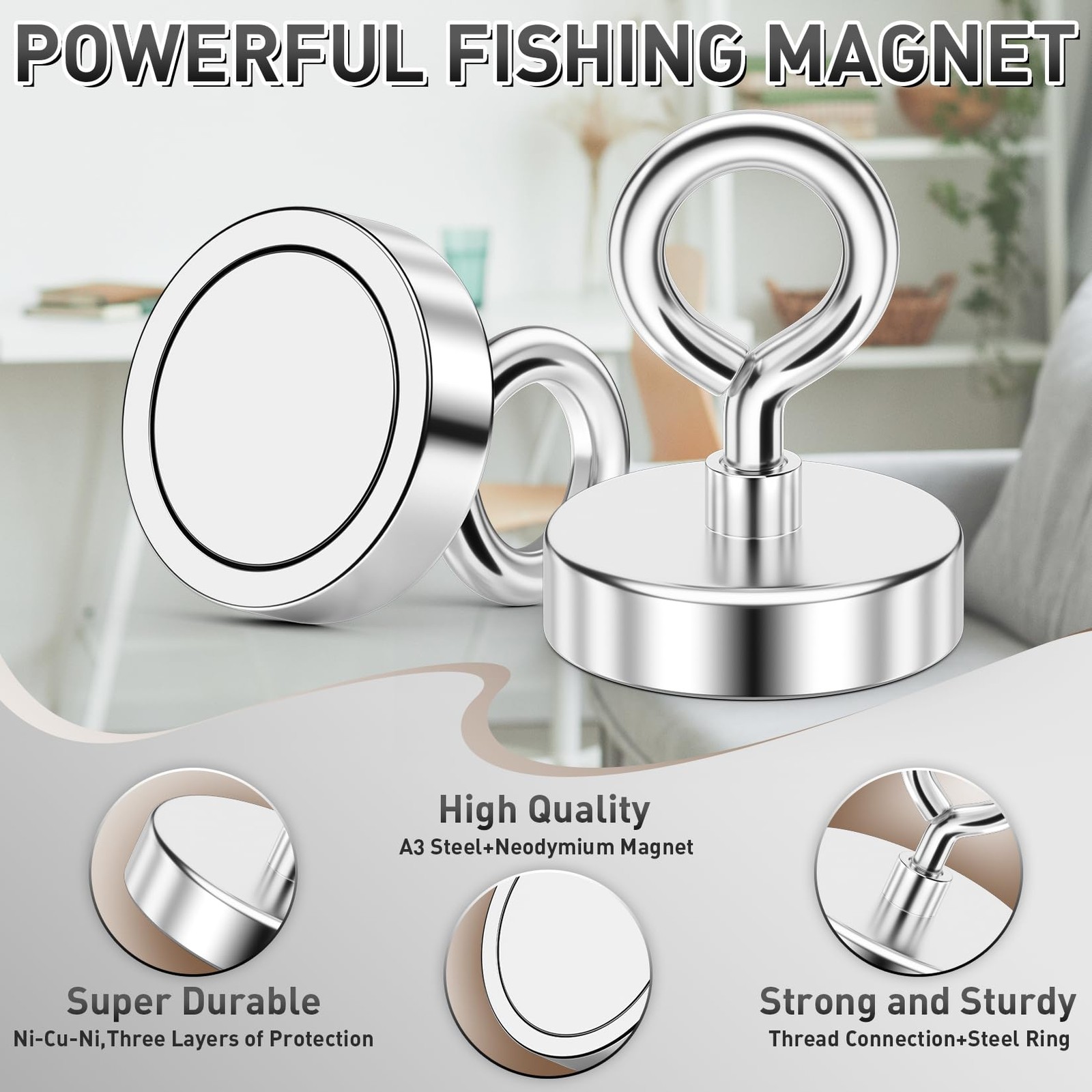 Neodymium Fishing Magnet 150Lbs Pulling Force Strong Magnet w/ Lifting Eye Bolt