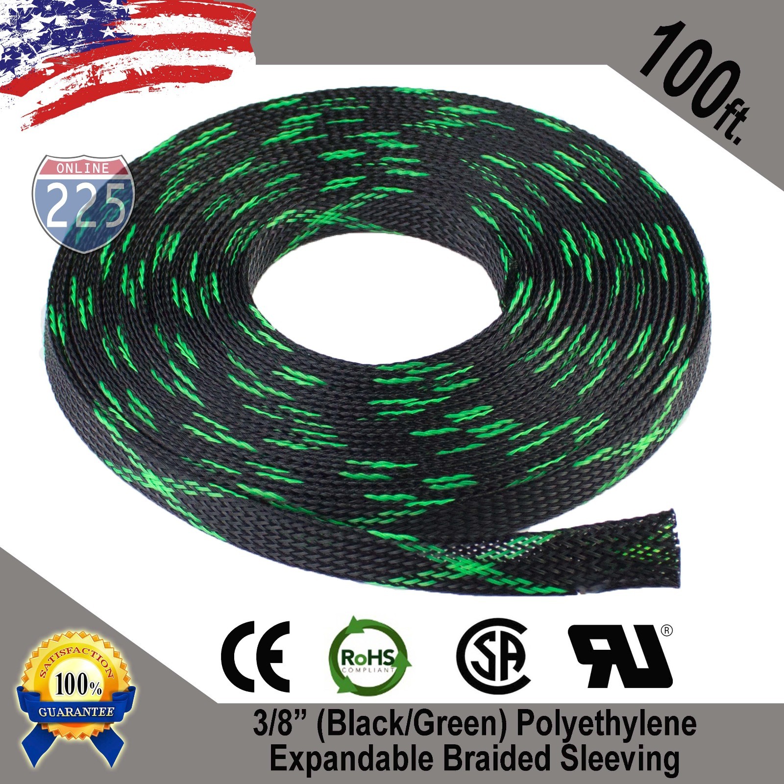 100 FT 3/8″ Black Green Expandable Wire Sleeving Sheathing Braided Loom Tubing