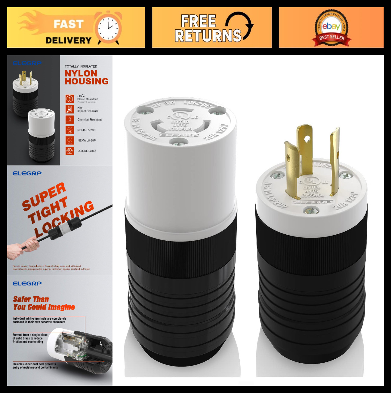 20 Amp Locking Plug & Connector Set, NEMA L5-20P/L5-20R, Generator Twist Lock Ad