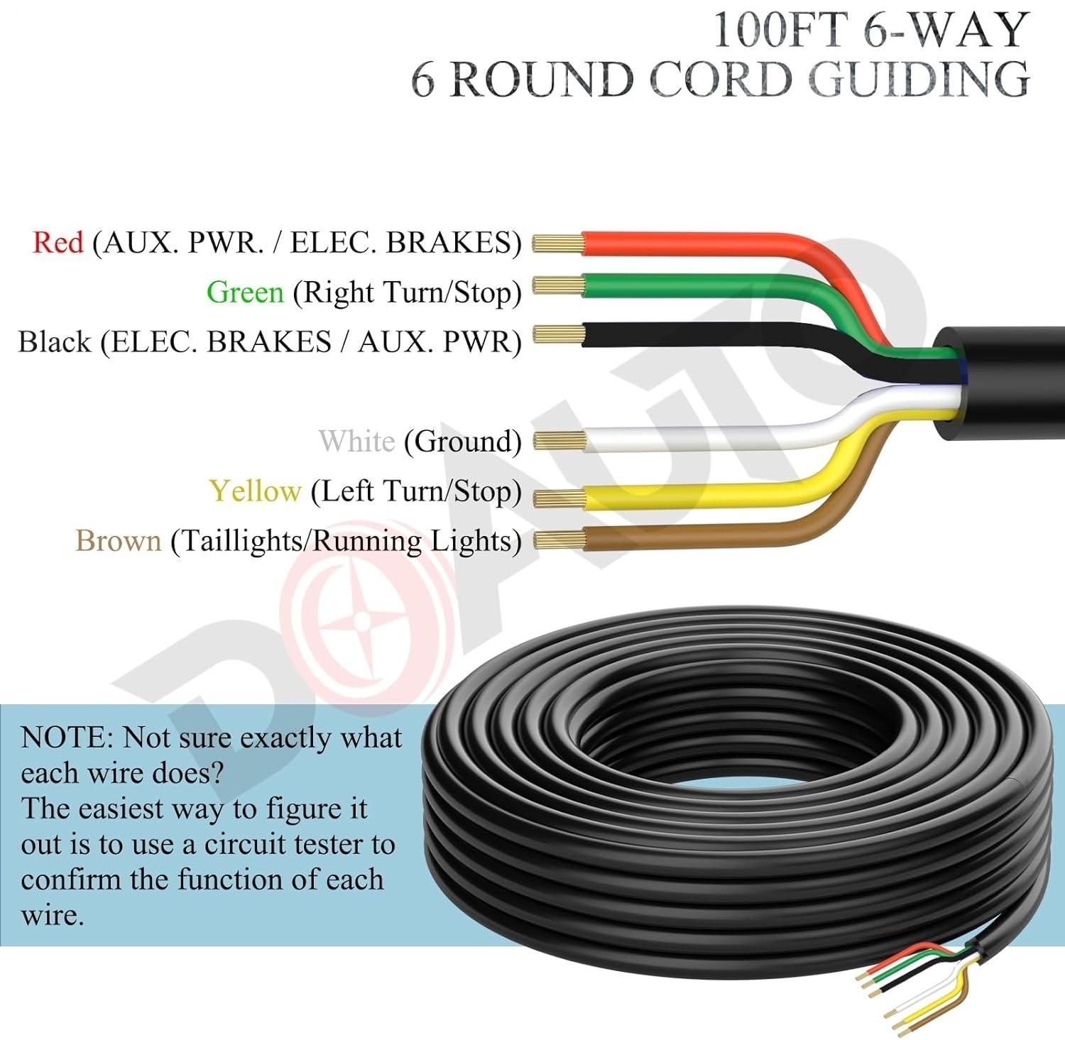 100 Foot Heavy Duty 14AWG 6 Way Round Conductor Wiring RV Trailer Cord Harnes…