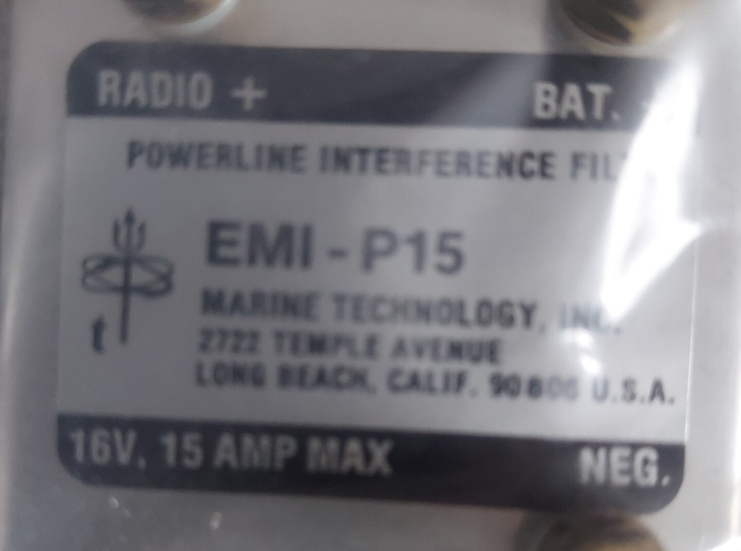 MARINE TECHNOLOGY EMI-P15 Powerline Interference Filter. 16v, 15a max