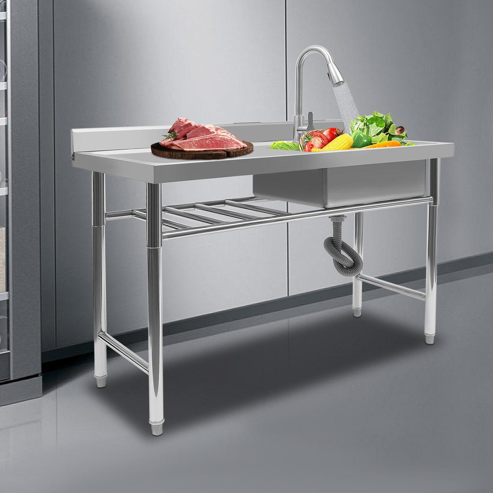 1 Compartment Kitchen Sink Prep Table w/ 360°Faucet Commercial Stainless Steel