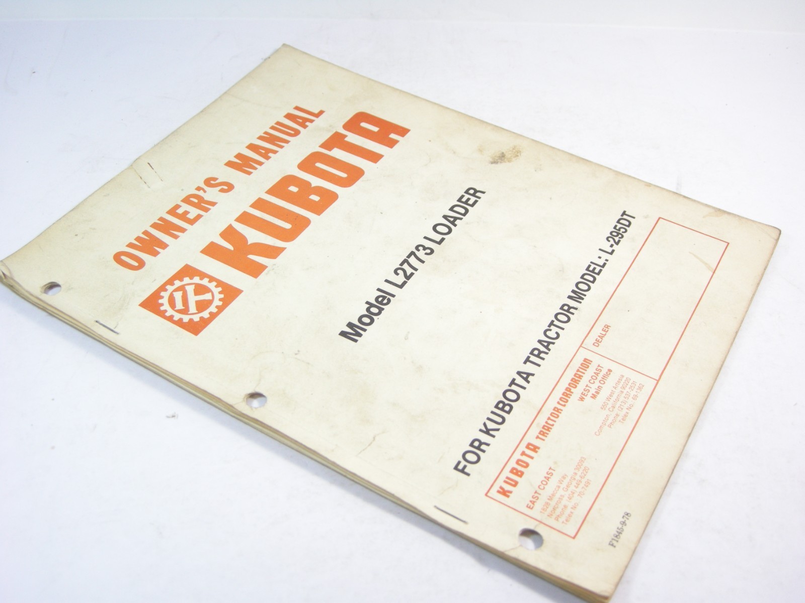 Original Kubota L2773 Loader Tractor L-295DT Owner Operators Maintenance Manual