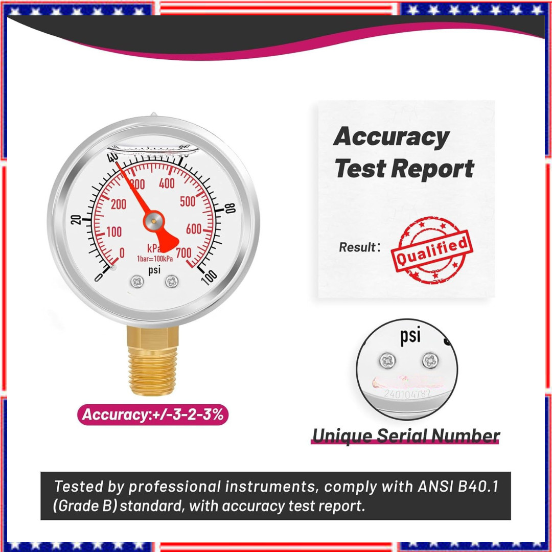 0-100 PSI/kPa Water Pressure Gauge, Glycerin Filled,psi Gauge