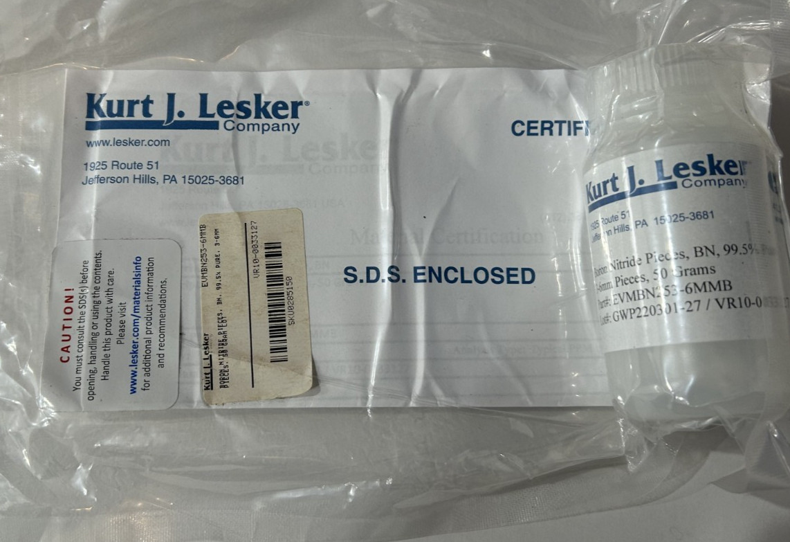 Kurt J. Lesker BN , Boron Nitride – P/N EVMBN253-6MMB – 99.5% Pure- 50 Grams